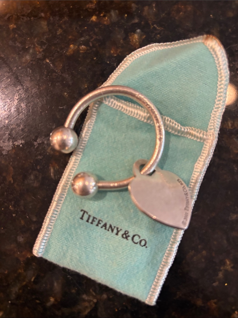 Tiffany & Co. Silver Heart Tag Key Ring with Blue Pouch